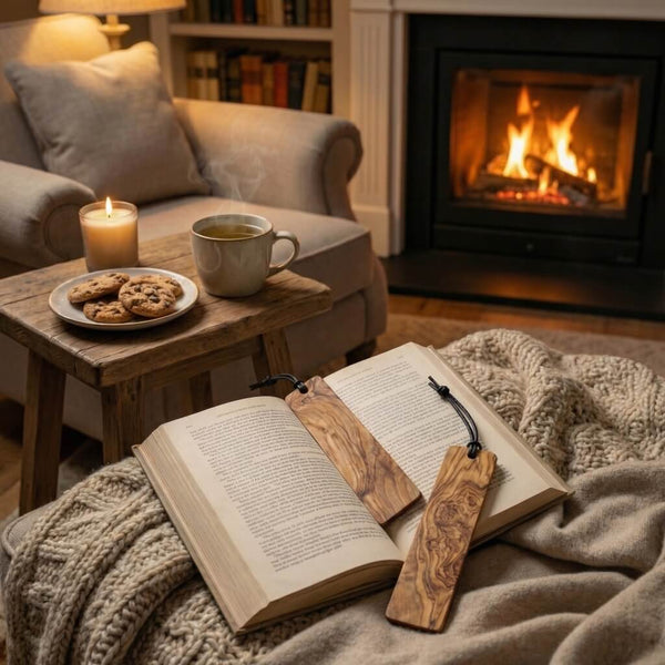 2 Lesezeichen aus Olivenholz in Buch