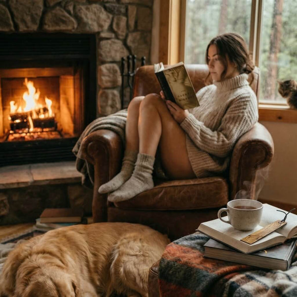 Frau mit Buch am Kamin und Olivenholz Lesezeichen