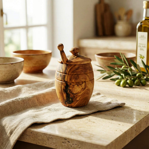 Honigtopf aus Olivenholz inkl. Deckel und Honiglöffel
