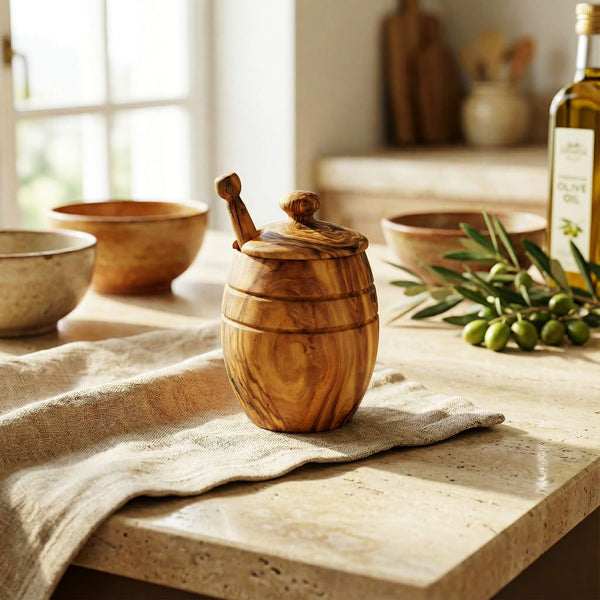 Honigtopf aus Olivenholz inkl. Deckel und Honiglöffel